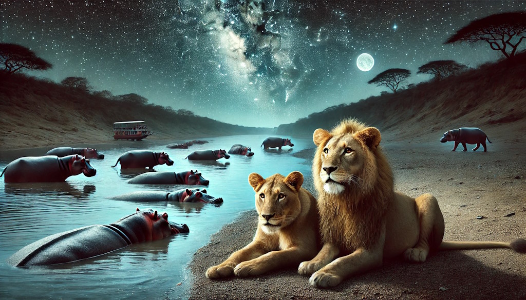 Fearless lion brothers swim across a dangerous African canal in search of lions on a night full of danger